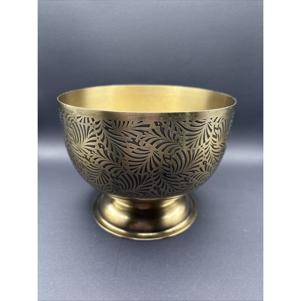 Modern Etched Brass Pedestal Bowl 6.5" Hand-Engraved Indian Floral Decor